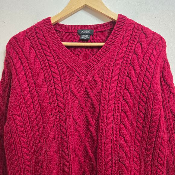 J.Crew Womens Vtg Red Fisherman 100% Wool Chunky Heavy Hand Knit Cable Sweater M - Picture 2 of 11